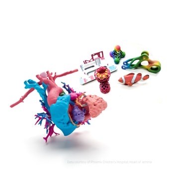 Full-color 3D printed parts, including a heart model and a clownfish