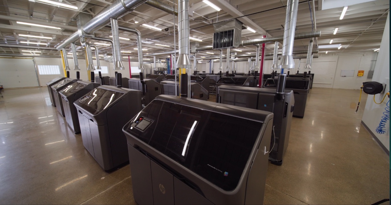 Rows of HP color 3D printers in the MassPersona plant on Kostner Ave, Chicago