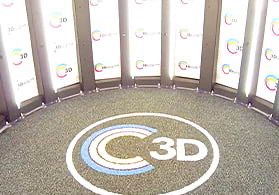 The Custom Color 3D showroom, with the logo on the floor